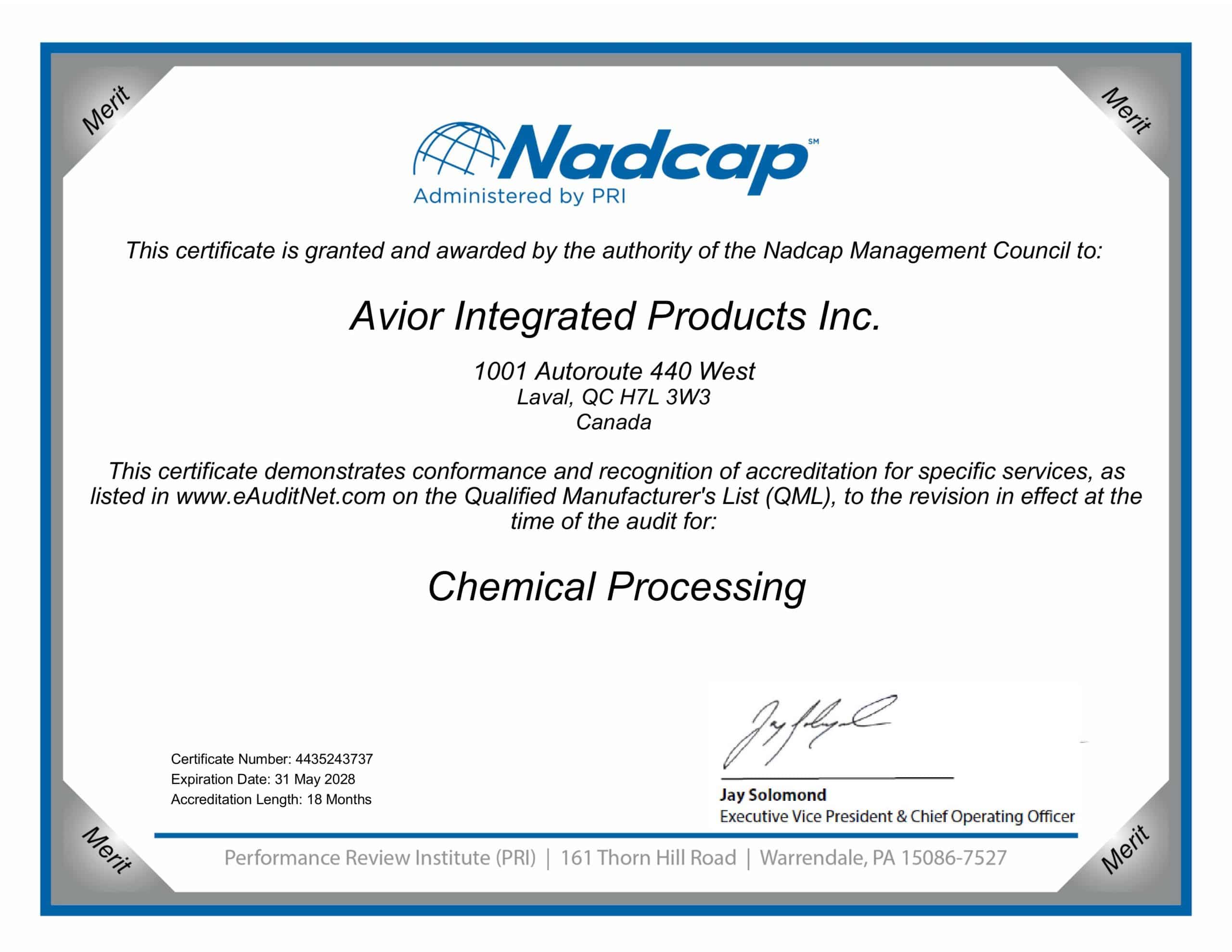 Certifications 7 Certificat d'accréditation Nadcap d'Avior Produits Intégrés pour les services de traitement chimique.
